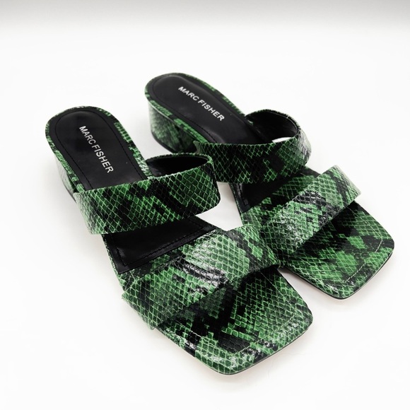 Marc Fisher Yori Snake Block Heel Sandals in Green/Black - Picture 2 of 4